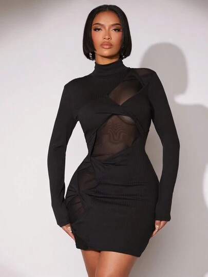 SHEIN SXY 新年除夕礼服网眼对比透视迷你连衣裙