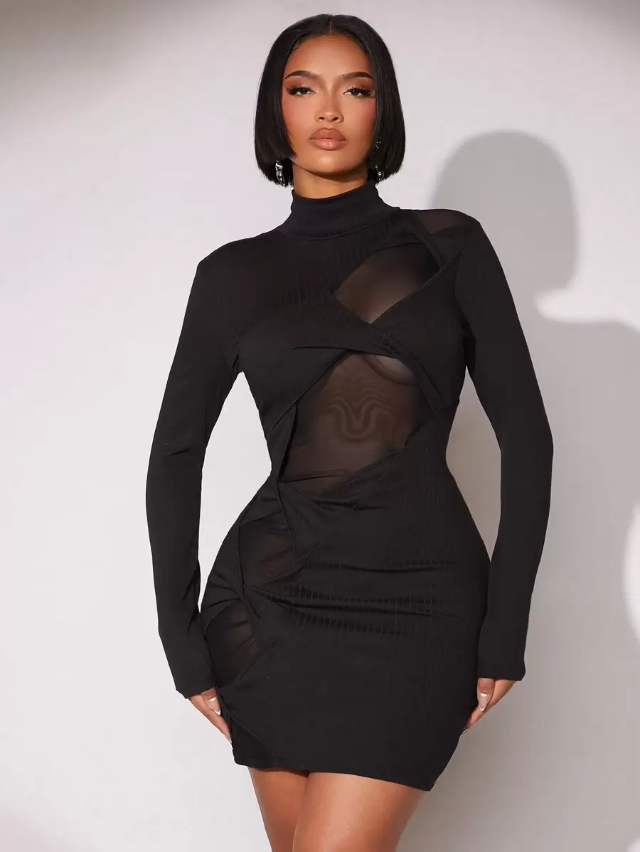 SHEIN SXY 新年除夕礼服网眼对比透视迷你连衣裙 - 黑色 - 查看 1