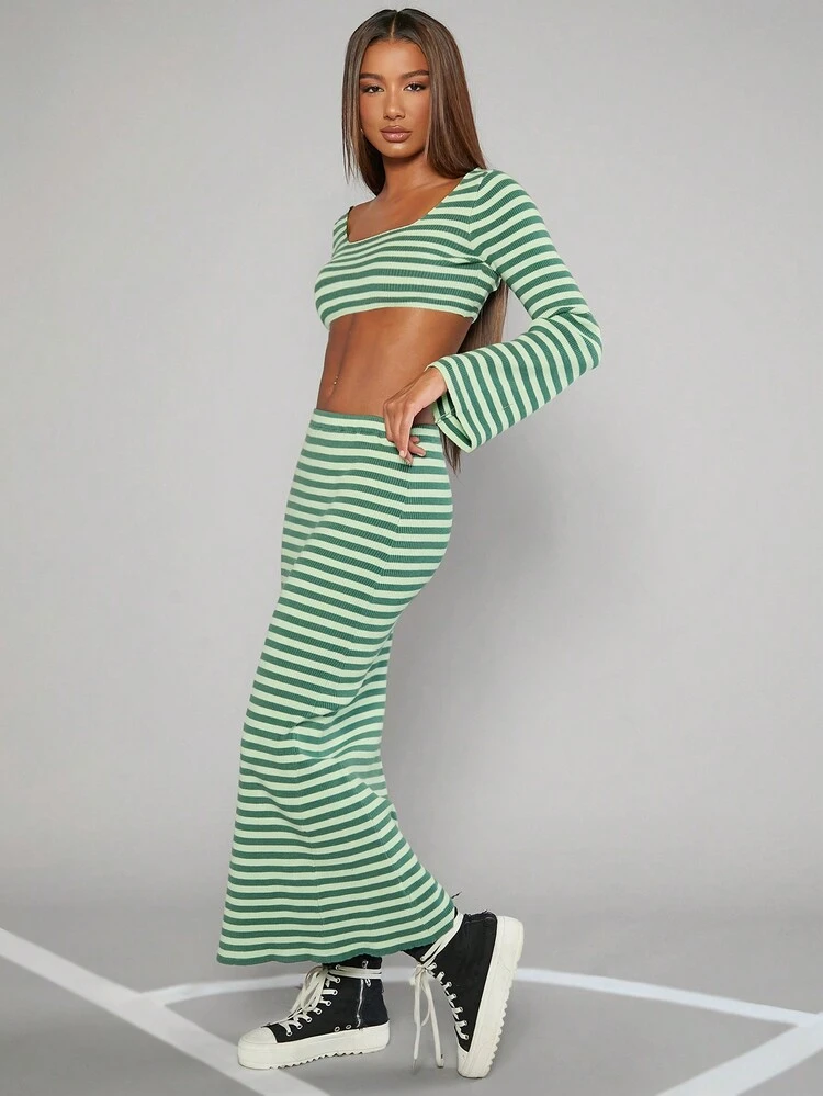 Striped Knit Crop Top & Skirt Set