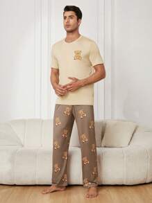 Men's Cartoon Bear Patterned Short Sleeve Pullover Top And Long Pants Homewear Set