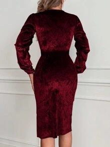 RueChic 女士酒紅色絨面深v領長袖高開叉連衣裙