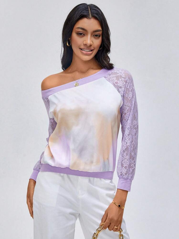 Designer Tie Dye Contrast Lace Raglan Sleeve Top, For Holiday, Vacation, Spring, Going Out, Festival, Ibiza Fits