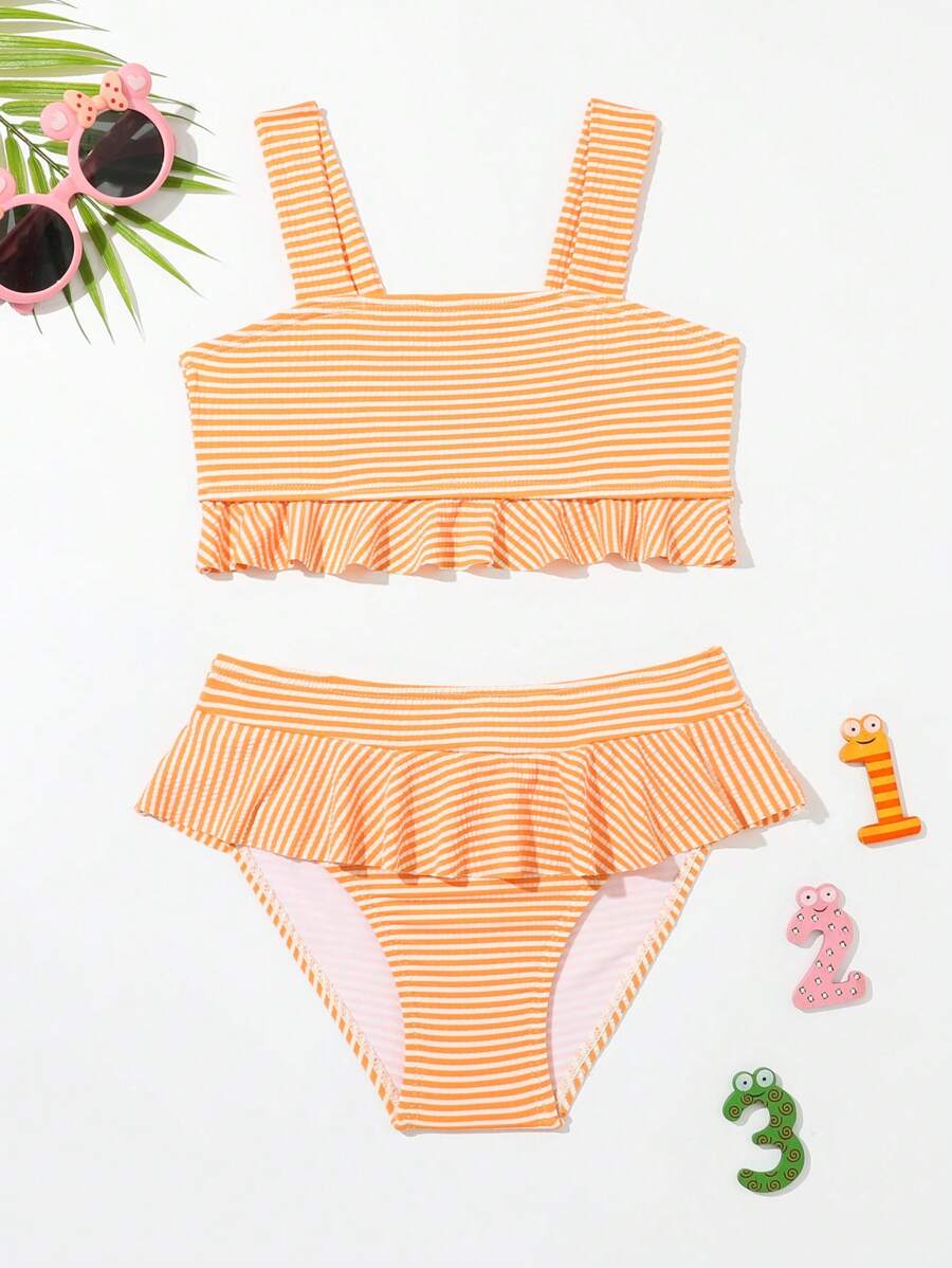 Conjunto De Bikini Con Volantes Y Rayas Para Niña Joven Con Adornos Decorativos - Amarillo - Ver 1