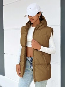 EURMUSE Zip Up Hooded Vest Padded Coat - Camel - View 3