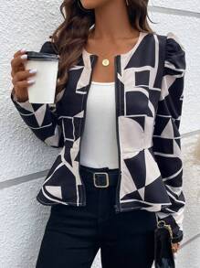 SHEIN Clasi Geometric Pattern Leg-Of-Mutton Sleeve Jacket Fall Cloth For Women - Black - View 3