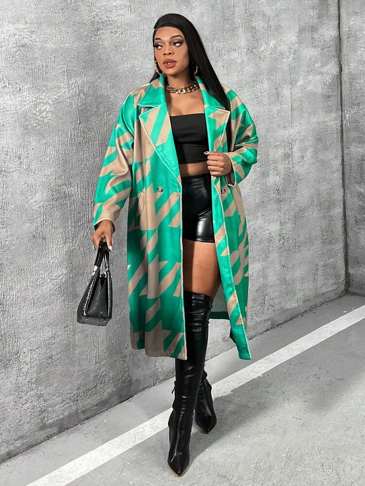 Women's Plus Size Houndstooth Print Square Neck Double-breasted Woolen Coat