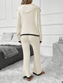 SHEIN Frenchy Contrast Trim Drop Shoulder Sweater & Knit Pants - Multicolor - View 2