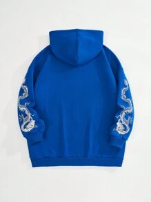 SHEIN EZwear Plus Size Chinese Dragon Print Zip Up Drop Shoulder Sweatshirt - Blue - View 2