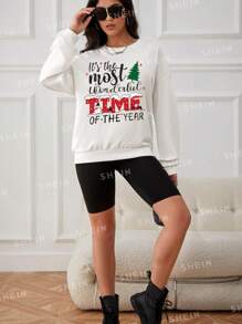 Christmas Print Drop Shoulder Round Neck Sweatshirt,Long Sleeve Tops