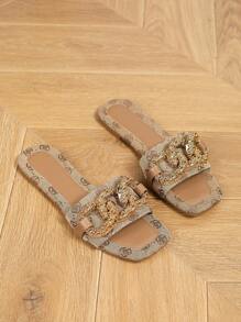 New Style Four-season Casual, Comfortable, Slip-resistant, Wear-resistant Square-toe Brown Patterned Flat Sandals With Metallic Buckle