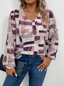 Calvaya Talla grande Blusa con estampado de retazo de manga farol
