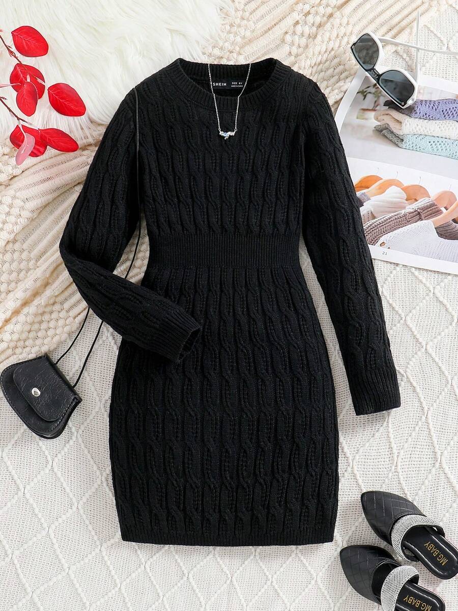 Vestido De Manga Larga De Lana Negro Para Niña, Otoño E Invierno - Negro - Ver 1