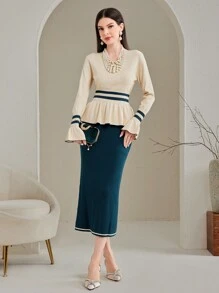 Modelyn 女用珍珠裝飾毛衣和裙子套裝 - 墨綠色 - 查看 4