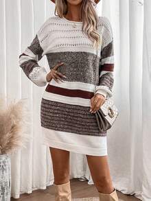 SHEIN LUNE Color Block Drop Shoulder Pointelle Knit Sweater Dress - Multicolor - View 4