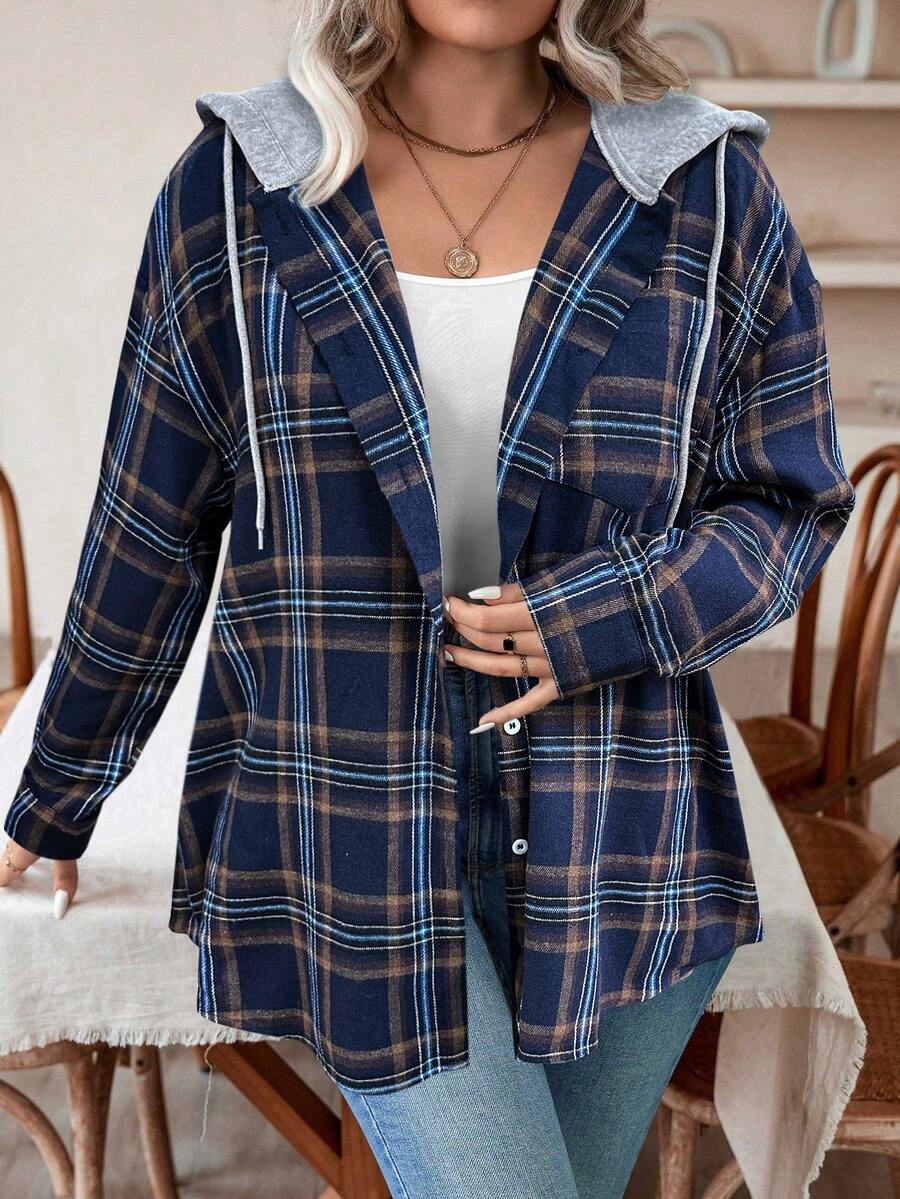 Calvaya Plus Size Hooded Plaid Drawstring Casual Shirt - Navy Blue - View 1