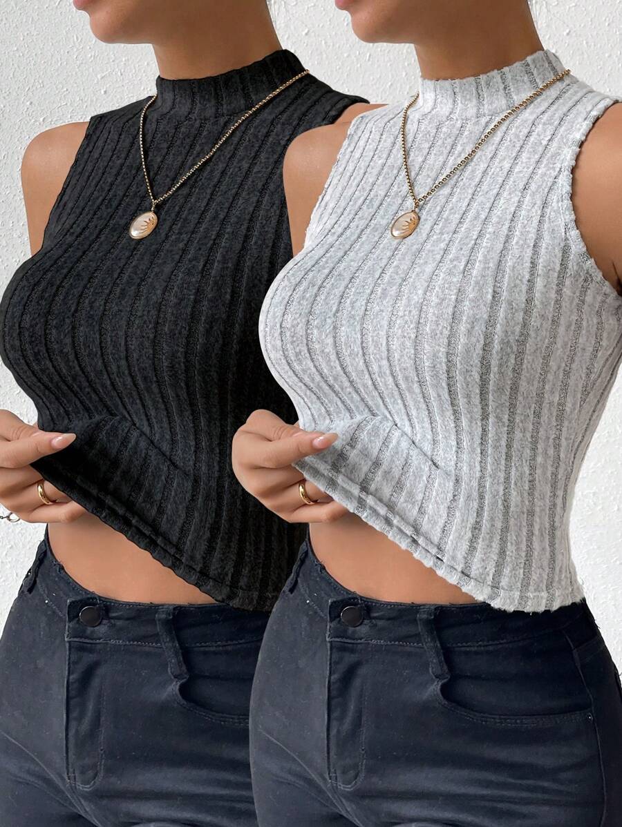 SHEIN LUNE 2pcs Mock Neck Ribbed Knit Tank Top - Light Grey - View 1