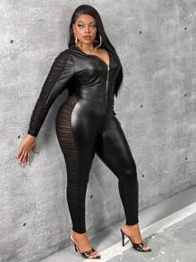 Slaydiva Plus Zip Up Ruched Mesh Insert PU Leather Jacket & Leggings - Black - View 3