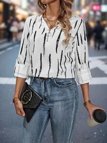 SHEIN Essnce Patterned Zip Detail Long Sleeve Shirt - Black and White - View 3