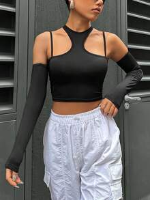 SHEIN Unity Chất rắn Vai lạnh Áo phông Crop Có tay áo - màu đen - Xem 6