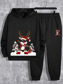 Manfinity Men's Plus Size Christmas Printed Hooded 2pcs/set - Black - View 6