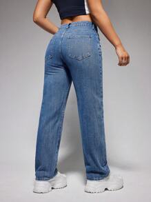 SHEIN EZwear Của phụ nữ Tầng Trung Giò thẳng Quần jean - Màu xanh lam - Xem 3