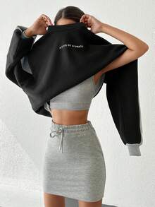 SHEIN Cottnline Lỏng lẻo phù hợp Áo nỉ Với Tương phản Màu sắc In - màu đen - Xem 5