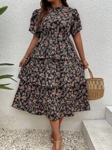SHEIN LUNE Đầm Plus Size phân lớp Hoa Tất cả trên in Boho - màu đen - Xem 6