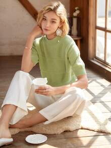 Knit Mix Turtleneck Fitted French Elegant Knit Top, Short Sleeve Pullover, Casual Style, Fashionable Cropped Sweater, Suitable For Back To School Season And Autumn - Lime Green - View 4