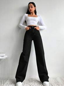 SHEIN Cottnline Solid Color Straight Leg Casual Jeans - Black - View 4