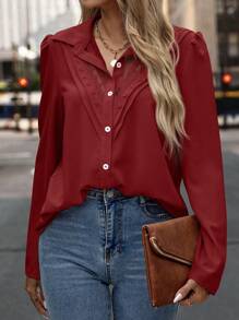 SHEIN LUNE Lưới thêu Chi tiết Áo sơ mi - Màu Đỏ Sâu - Xem 3