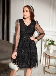 Thiếu niên Cô gái Kim sa Lưới Nối Đầm Party - màu đen - Xem 1