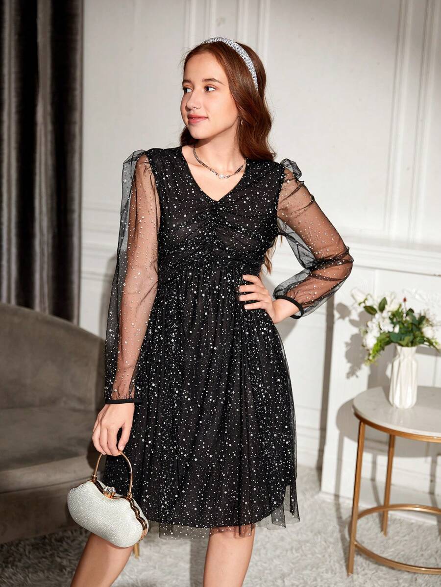 Thiếu niên Cô gái Kim sa Lưới Nối Đầm Party - màu đen - Xem 1