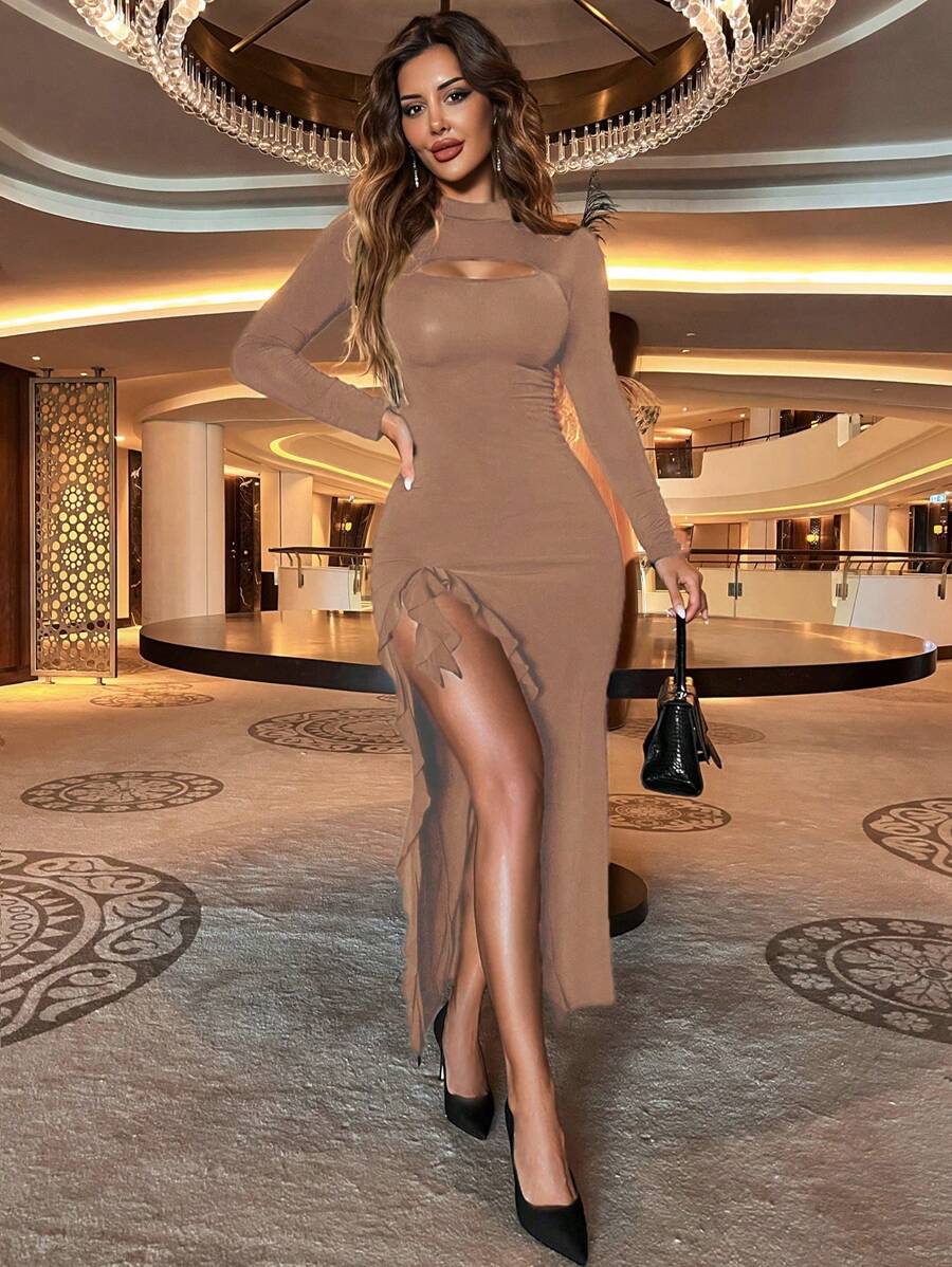 SHEIN Cottnline Women's Hollow Ruffle High Slit Dress - Mocha Brown - View 1