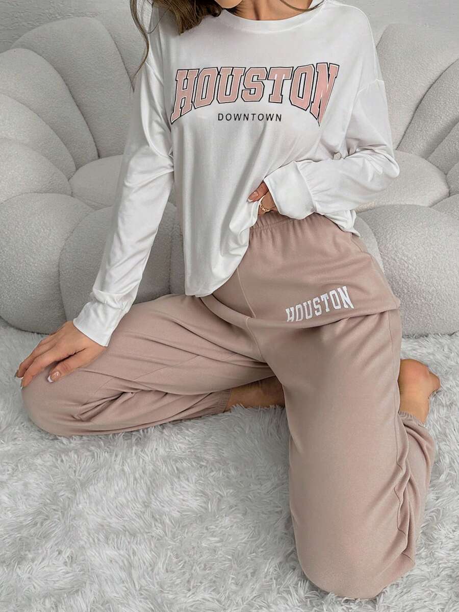 Letter Graphic Drop Shoulder Lounge Set - Khaki - View 1