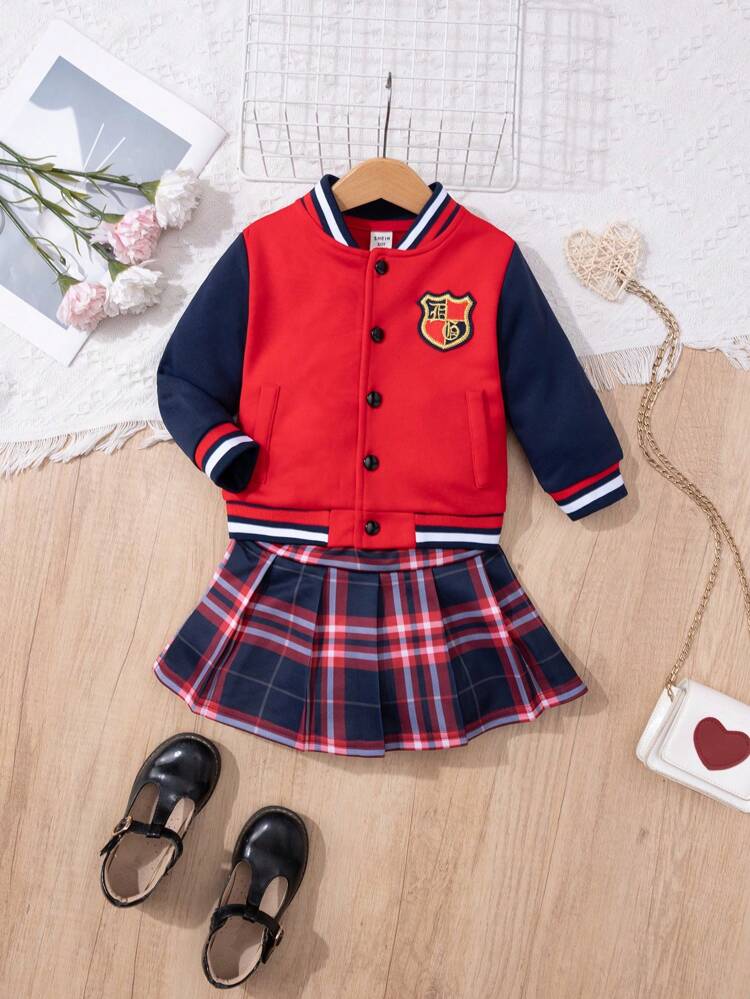 Baby Girls' College Style Baseball Jacket And Plaid Pleated Skirt Outfit