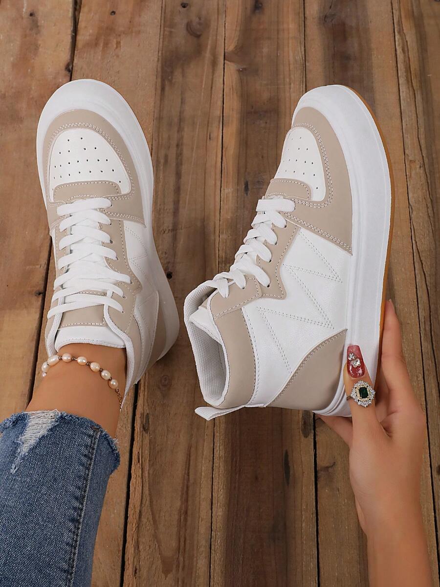 女士高筒運動鞋,休閒,運動,時尚,拼接色塊,厚底白鞋 - 卡其色 - 查看 1