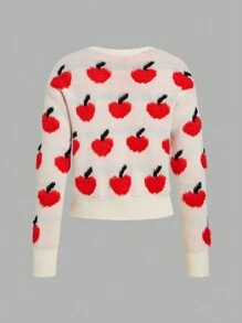 Teen Girl Apple Pattern Drop Shoulder Sweater - Apricot - View 2