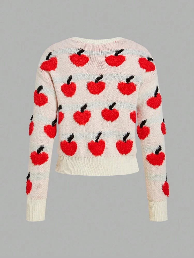 Teen Girl Apple Pattern Drop Shoulder Sweater