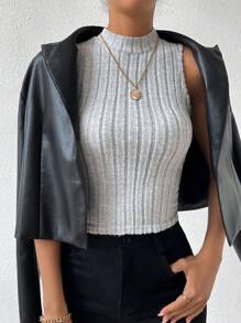 SHEIN LUNE 2pcs Mock Neck Ribbed Knit Tank Top - Light Grey - View 8