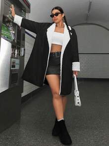 SHEIN EZwear 大尺碼毛領羊毛大衣 - 黑與白 - 查看 6