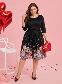 SHEIN Clasi Plus Floral Print Belted Dress - Multicolor - View 1