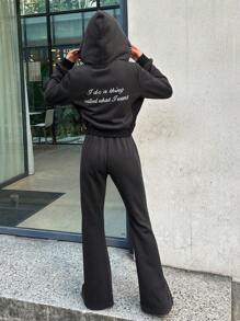 DAZY Women's Letter Print Drawstring Hoodie And Flare Pants 2pcs Set Tracksuits Women Set Lounge Sets For Women