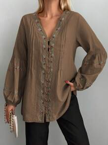SHEIN Cottnline Floral Embroidered Lantern Sleeve Blouse - Brown - View 3