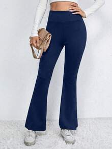 SHEIN Essnce 宽腰带保暖内衬开衩下摆紧身裤 - 藏蓝色 - 查看 5