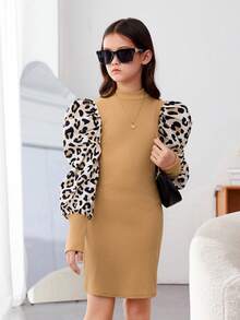 SHEIN 女童補間時尚街頭針織拼布豹紋長袖直筒連身裙 - 卡其色 - 查看 5