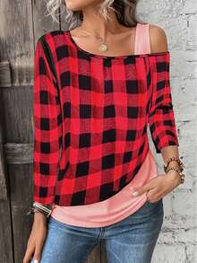 长袖单肩格纹套头 T 恤 - 紅色 - 查看 1