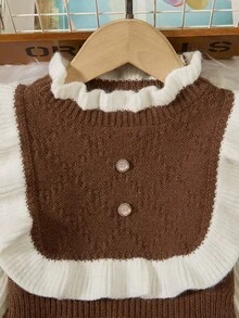 SHEIN 青少女拼色半高領荷葉邊毛衣連衣裙,配有燈籠袖 - 摩卡棕 - 查看 3