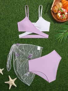 Bộ 3 món đồ bơi cho bé gái tuổi teen, váy dự tiệc bướm thường ngày đi biển, quà tặng thiết kế hình bướm tím mùa xuân/hè - Màu tím hoa cà - Xem 1