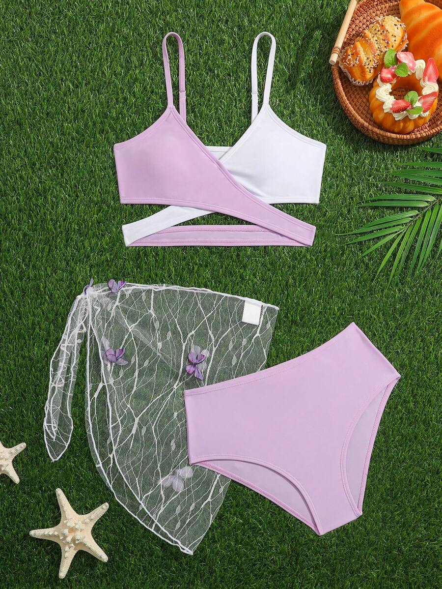 Bộ 3 món đồ bơi cho bé gái tuổi teen, váy dự tiệc bướm thường ngày đi biển, quà tặng thiết kế hình bướm tím mùa xuân/hè - Màu tím hoa cà - Xem 1
