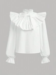 SHEIN Teen Girl Ruffle Trim Bow Front Flounce Sleeve Blouse - White - View 1